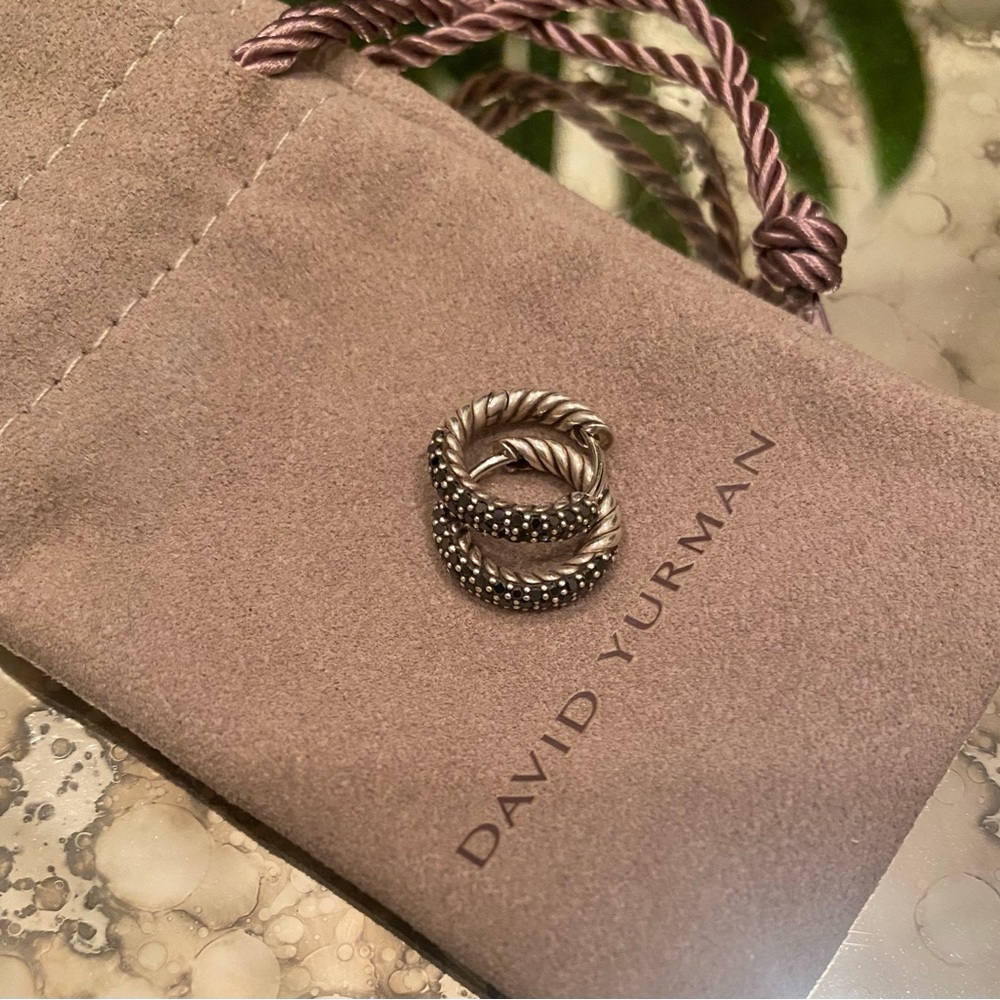 David Yurman Sterling Silver Black Diamond Petite Pave Huggie Hoop Earrings